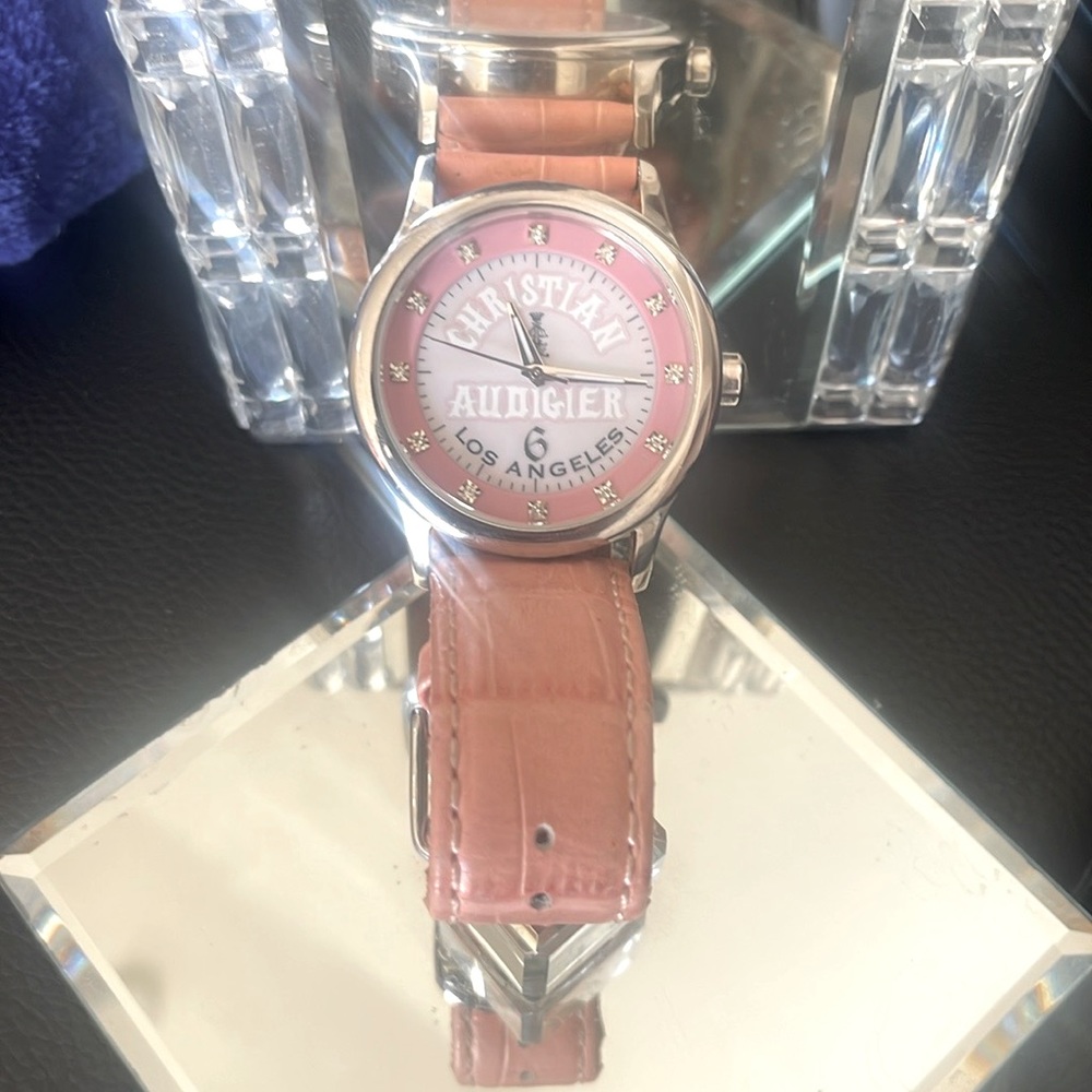 🌟 Christian Audigier Vintage pink silver rhinestone leather watch